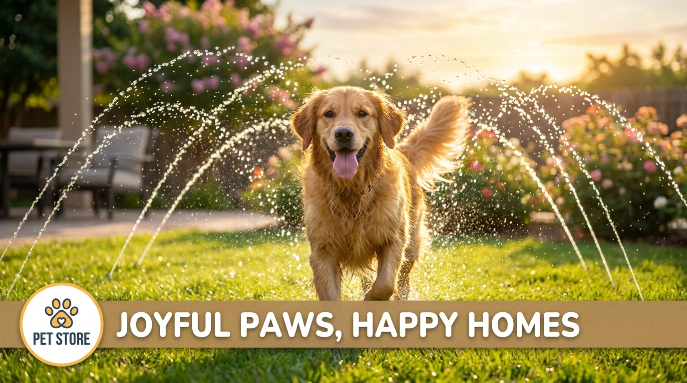 Pet Paradise — Happy dog playing in summer water sprinklers, golden retriever running through backyard sprinklers