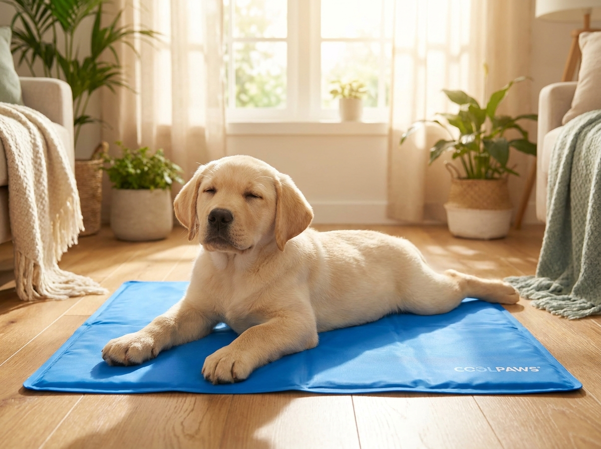 Dog relaxing on cooling mat in summer